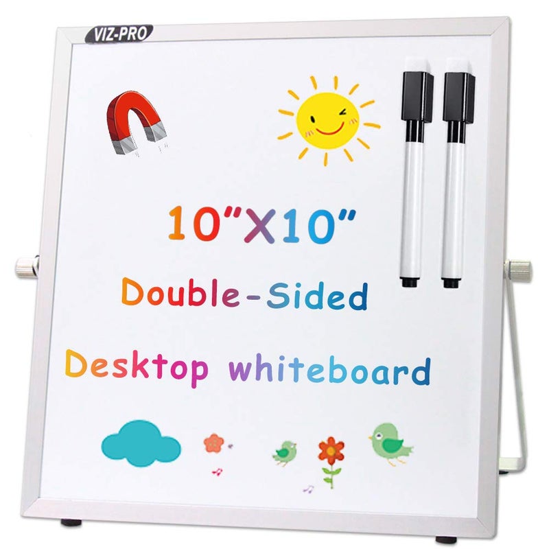 VIZ-PRO Small Desktop Dry Erase Board/Portable Whiteboard Easel for Kids 10 x 10 Inches with 2 Markers - Image 1